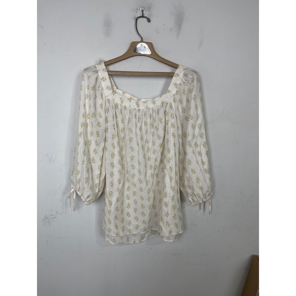 LC Lauren Conrad Yellow Floral Square Neck Peasant Blouse XXL White Boho Top